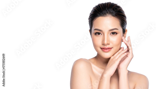 Beautiful woman with radiant skin and natural makeup on black background