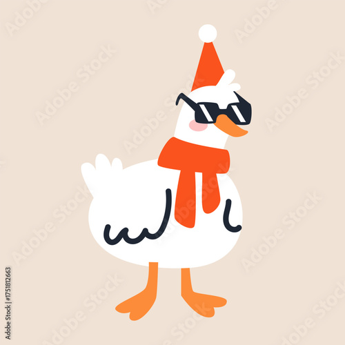 Cute white duck in Santa hat and sunglasses. Hand drawn vector illustration. Funny animal isolated. Naive Christmas childish design.Cool comic character, kids poster, xmas card, social media banner.