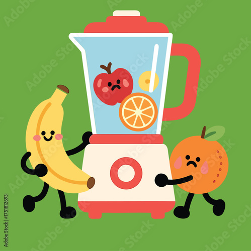 Cute hardworking fruits helping a blender – funny minimal vector illustration