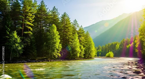 Sunlight bathes a lush green forest and winding river in a majestic mountain landscape animated 4k video