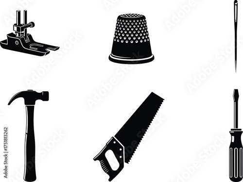 Black silhouette vector of sewing thimble, needle, sewing machine foot, hammer, hand saw, screwdriver, household tools illustration