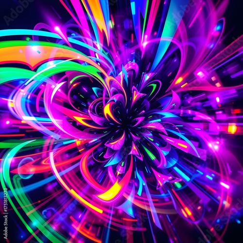 Abstract digital art depicting a vibrant explosion of colorful, radiating lines and shapes.