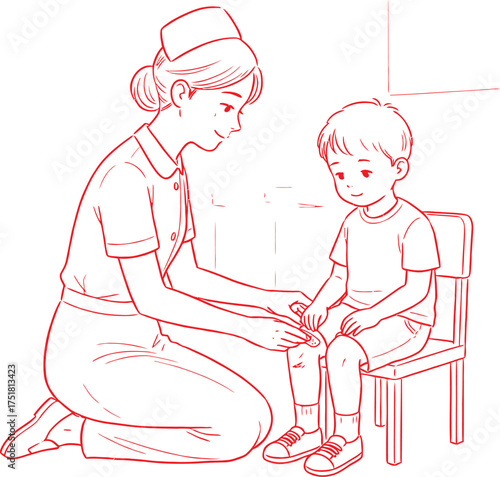 Nurse treating a child's knee injury. Line art illustration of pediatric healthcare and compassionate patient care