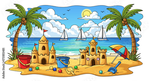 Beach Paradise: A vibrant depiction of a sunny beach scene, featuring intricate sandcastles, towering palm trees, and serene sailing boats. The bright sun casts a warm glow upon the sandy shore. 