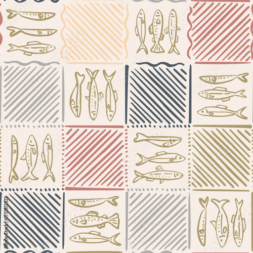 Seamless checkered pattern with Hand drawn ink vector sketch fishes. Element for poster, social media, banners, invitation, textile design. Trendy abstract sardine background.