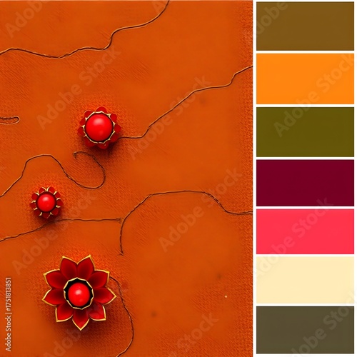 Artistic composition featuring three stylized red flowers with a textured orange backdrop and color palette.
