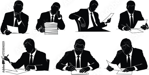 Businessman silhouette working with documents, office paperwork, reading reports, signing contracts, corporate stress, professional illustration, vector business concept design