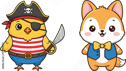 Cartoon animals in costume, pirate bird with sword, formal fox with bow tie, cute characters, children’s fantasy, playful illustration