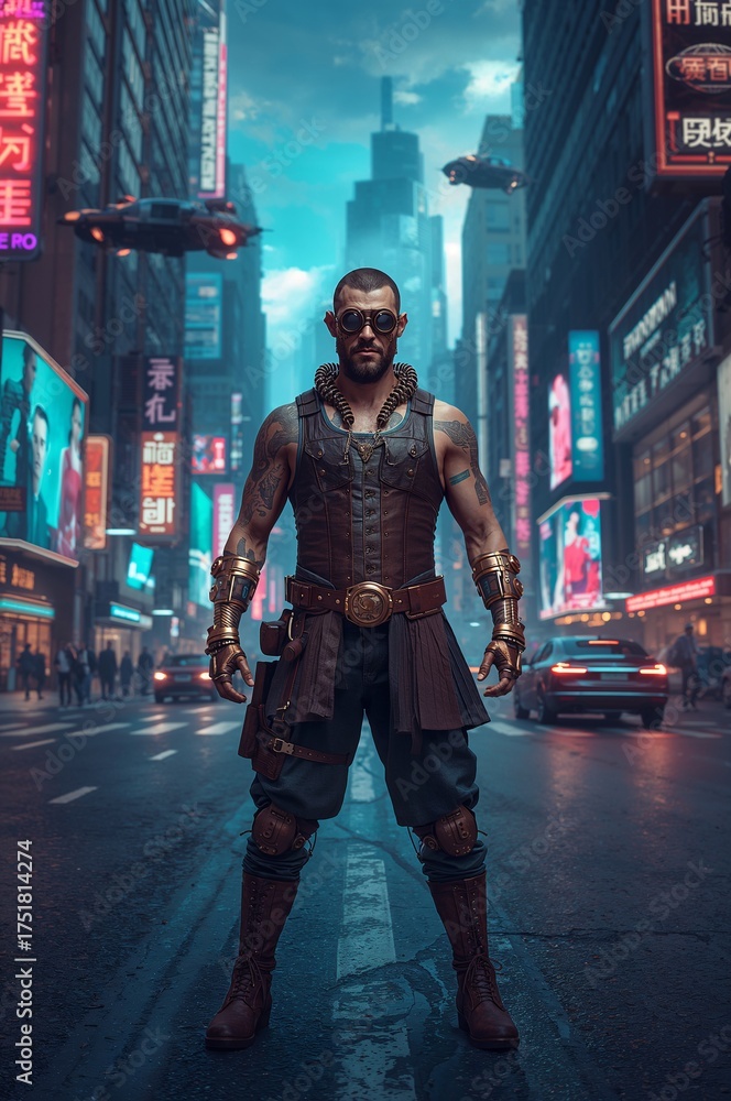 Fototapeta premium Surreal steam punk man with intricate brass goggles, worn leather corset, and copper-plated mechanical limbs standing on the pavement of a futuristic cyber city generative AI