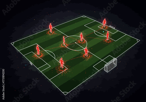 Soccer Field Formation with Red Player Figures and Passing Routes.
