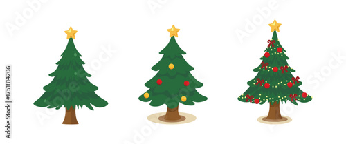 Collection of various Christmas trees, some plain, some decorated with ornaments, lights, snow, and a gold star. Holiday season vector illustration set for design.