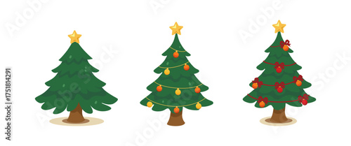 Collection of various Christmas trees, some plain, some decorated with ornaments, lights, snow, and a gold star. Holiday season vector illustration set for design.