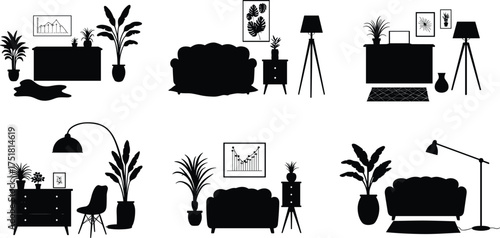 Interior, living room, furniture, sofa, chair, dresser, lamp, plant, rug, artwork, silhouette, modern, home, decor, design, minimalist, black, vector, illustration, set