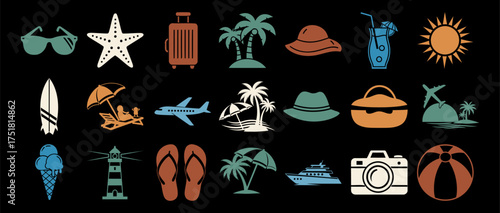 Summer vacation and beach holiday icon set with sun drink and flip flops on black