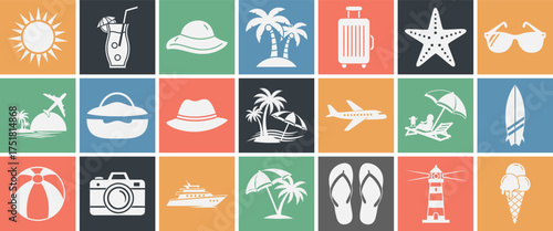 Summer vacation beach holiday icon set with sun drink flip flops starfish and sunglasses