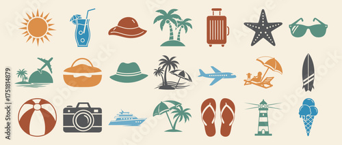 Summer vacation and beach holiday icon set with sun drink and beach accessories
