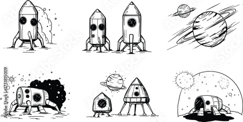 Rocket space illustration, planetary vector design, cosmic exploration artwork, astronomy emblem, futuristic spacecraft badge, galaxy travel graphic, interstellar adventure concept