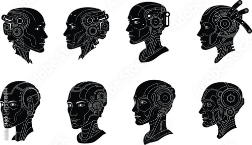 Robot, head, cyborg, humanoid, artificial, intelligence, AI, futuristic, technology, machine, android, mechanical, cybernetic, design, profile, illustration, vector, science, fiction, concept, set