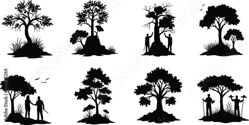 Silhouette tree illustration, people nature vector, outdoor lifestyle design, hiking activity emblem, family under tree artwork, friendship graphic badge, romantic couple scene