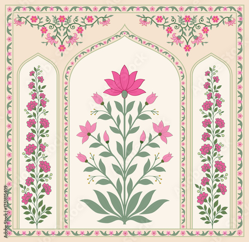 Traditional floral motif framed in Mughal style. Hand drawn Mughal floral panel inspired by heritage wall paintings. Mughal decorative ornamental floral.