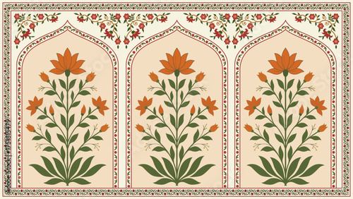 Traditional floral motif framed in Mughal style. Hand drawn Mughal floral panel inspired by heritage wall paintings. Mughal decorative ornamental floral.