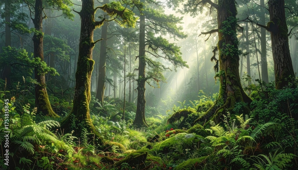 Obraz premium Sunlit Forest Scene with Green Mossy Trees and Ferns Pixel Art Style