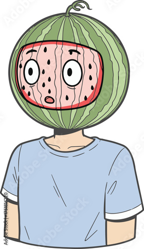 Funny and weird character design of a person wearing a watermelon helmet. The face inside shows a stunned and shocked reaction. A quirky and absurd vector for expressing surprise or disbelief.