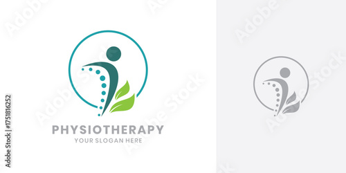 Physiotherapy logo design with spine and leaf elements for health, wellness and rehabilitation