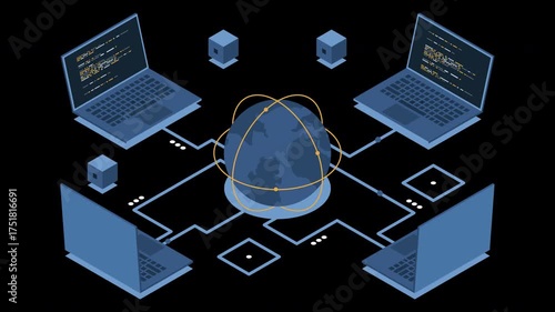Isometric laptop connected with globe animation. Global communication internet network. Storage and communication technology. Isometric technology. Transparent background with alpha channel
