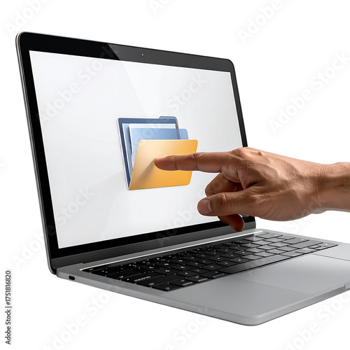 Laptop screen displaying file folder icon with finger touching it.