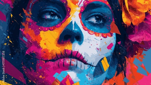 Wallpaper Mural Day of the Dead (Día de Muertos) vibrant pop art portrayal of La Catrina face blending tradition with modern abstract shapes Torontodigital.ca