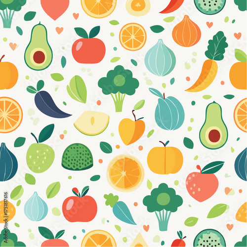 Colorful seamless pattern of fresh fruits and vegetables 5.