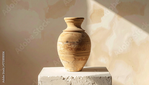 Old ceramic vase on white stone pedestal, handcrafted ancient artifact symbolizing history, culture