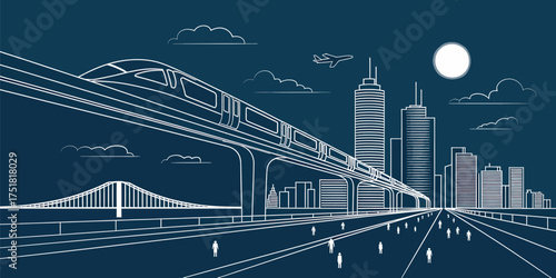 Modern city skyline with elevated train and bridge vector illustration of urban transportation and architecture perfect for infrastructure and development projects