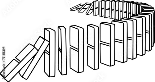 Domino chain reaction concept with simple line art design for educational illustration