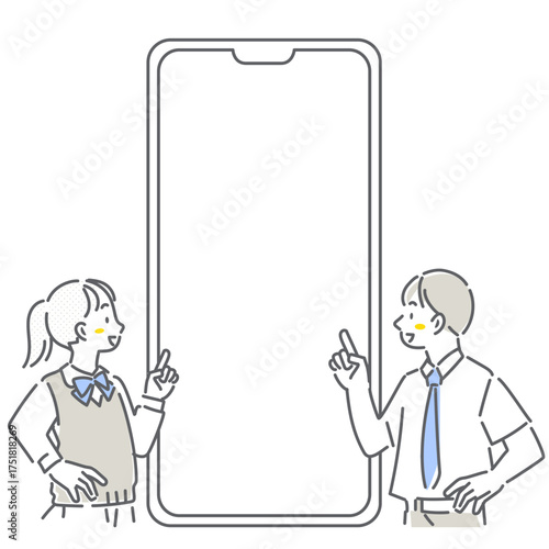 スマホの画面を指差す高校生　シンプルでお洒落な線画イラスト
