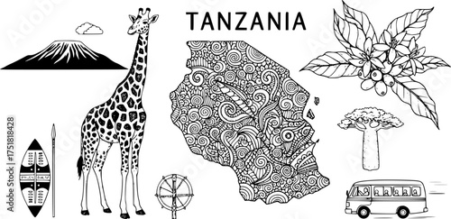Tanzania hand drawn elements: map, giraffe, coffee, and iconic symbols