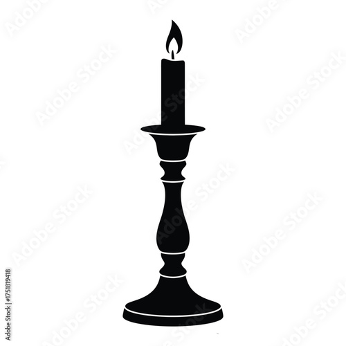 Silhouette of a lit candle in an ornate candlestick on a white background