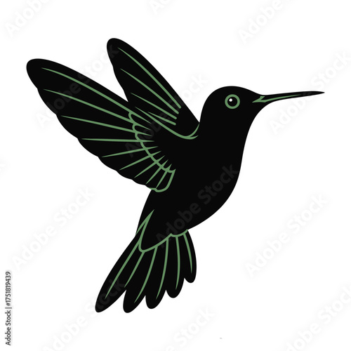 Silhouette of a black hummingbird with iridescent green accents in flight