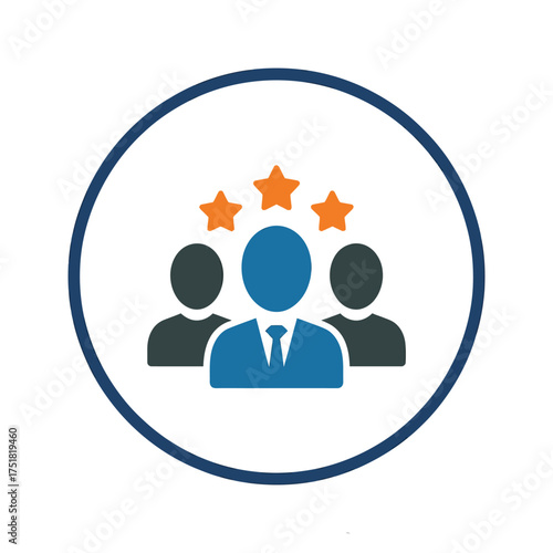Teamwork and recognition with three figures and stars in a circle