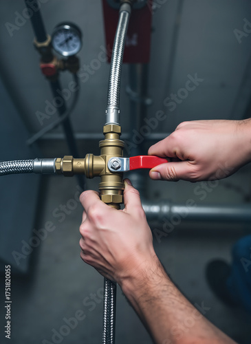 Man turning off gas valve with hands in industrial environment  