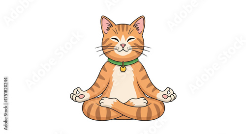 A cartoon orange tabby cat sitting in a lotus position, meditating with closed eyes and a serene expression.