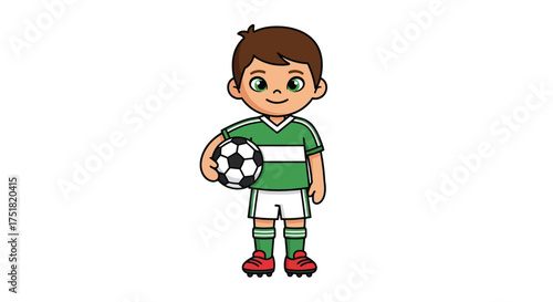 A cartoon illustration of a young boy in a green soccer uniform holding a soccer ball.