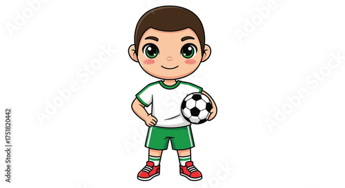 Cartoon boy in soccer uniform holding a soccer ball.