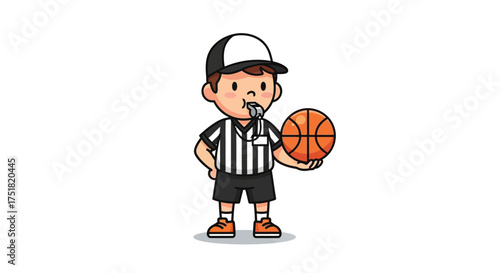 Cute Cartoon Boy Referee Holding Basketball Vector Illustration