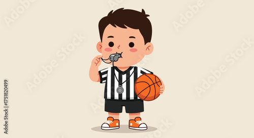 A cute cartoon boy dressed as a basketball referee blowing a whistle while holding a ball.