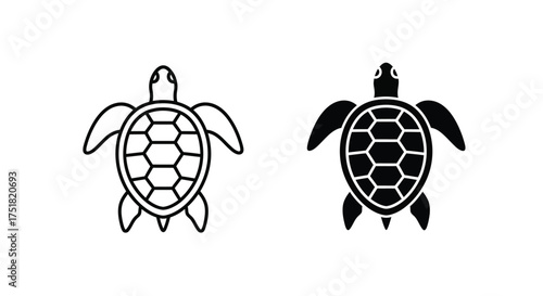 Top-down view of two stylized sea turtle icons, one in black outline and one in solid black silhouette.