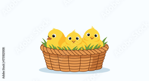 Three adorable fluffy yellow chicks peeking out from a woven basket full of green grass.