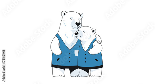 Two polar bears wearing blue vests stand close together in a white background.