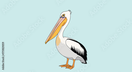 A charming pelican stands proudly on a pale blue background showcasing its distinctive beak and plumage.